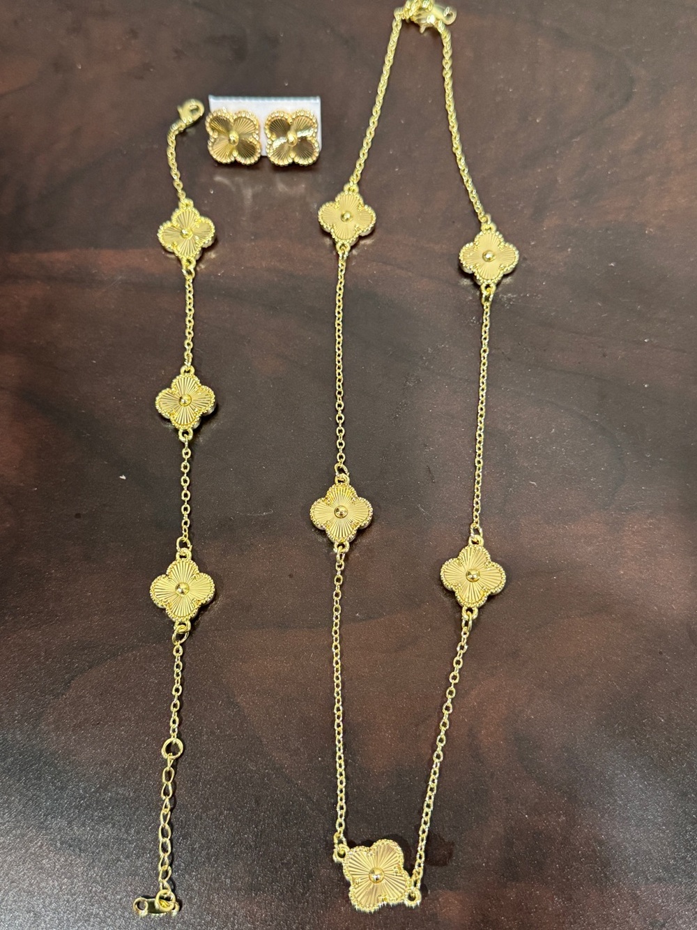 Women Gold Clover Necklace Bracelet Earrings set of 3